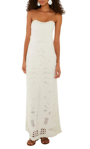 Woman wearing a Farm Rio Palm Tree Knit Off White Midi Dress with brown sandals, standing against a white background.