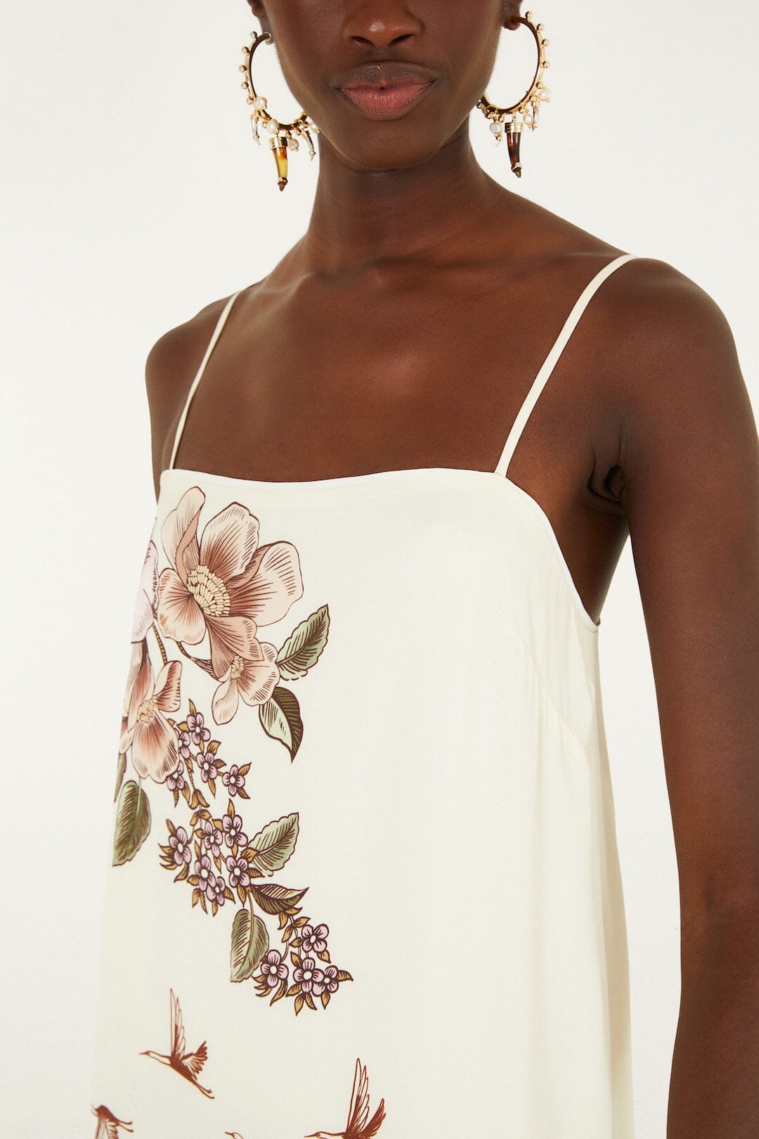 Toile De Rio Off White Maxi Dress featuring spaghetti straps and a botanical print.