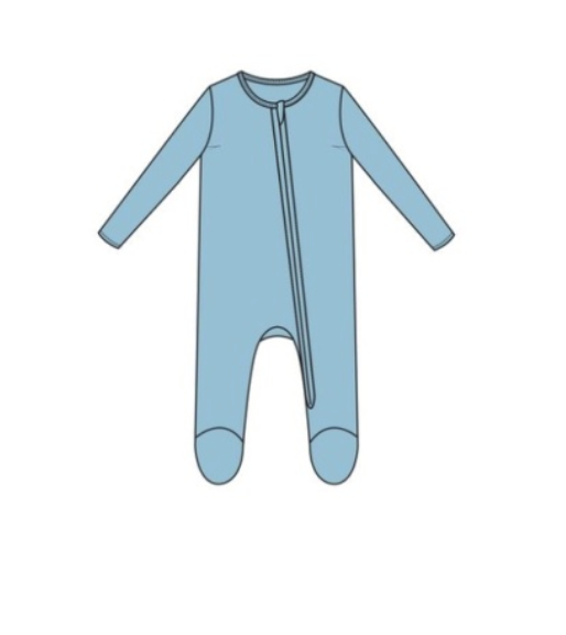 Illustration of the Angel Dear Baby Rib Zip Footie: a blue, long-sleeved bamboo fiber onesie with covered feet and a diagonal front zipper.