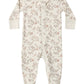 The Quincy Mae Baby Zip Long Sleeve Sleeper Footie is made from soft organic brushed jersey and features a white base adorned with an all-over beige floral pattern. Designed for convenience, this baby footie includes a front zipper closure for easy changes.