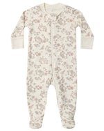 The Quincy Mae Baby Zip Long Sleeve Sleeper Footie is made from soft organic brushed jersey and features a white base adorned with an all-over beige floral pattern. Designed for convenience, this baby footie includes a front zipper closure for easy changes.