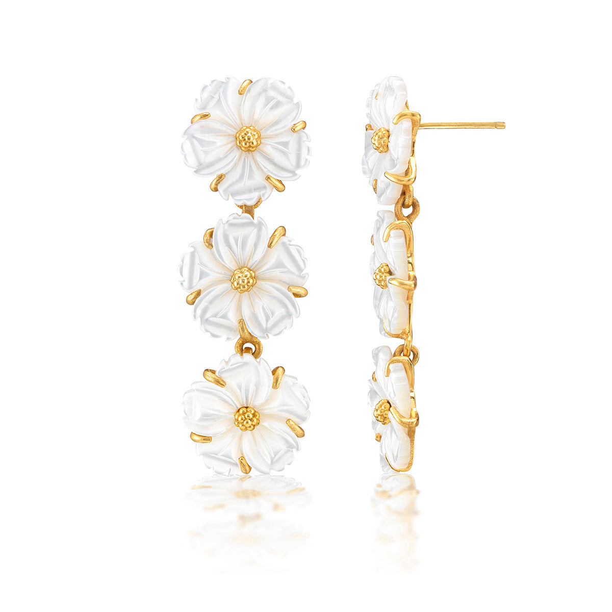 The Mermaid Garden Petite Linear Earrings by Juliska Capucine De Wulf feature three white mother of pearl flower elements with gold centers and delicate petal details, shown from front and side views—perfect as spring jewelry.