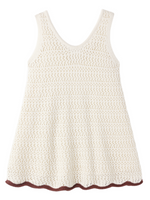 The Rylee & Cru Girls' Crochet Tank Mini Dress is a sleeveless cream dress with a flared A-line silhouette and a scalloped brown hem, shown flat on a white background.