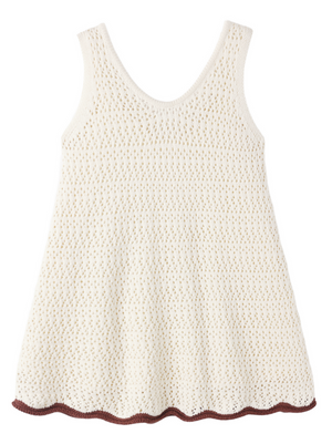 The Rylee & Cru Girls' Crochet Tank Mini Dress is a sleeveless cream dress with a flared A-line silhouette and a scalloped brown hem, shown flat on a white background.