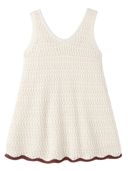 The Rylee & Cru Girls' Crochet Tank Mini Dress is a sleeveless cream dress with a flared A-line silhouette and a scalloped brown hem, shown flat on a white background.