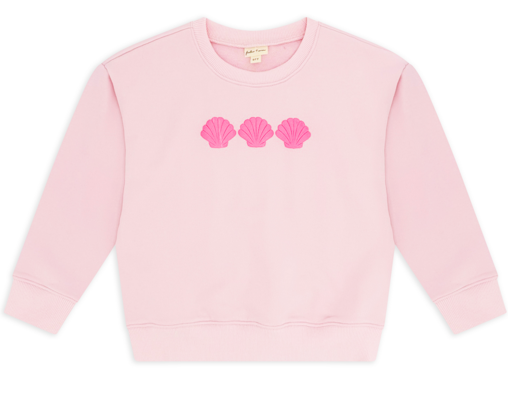 The Feather 4 Arrow Baby Girls’ and Girls’ Weekend Sweatshirt is a light pink French terry style featuring a trendy puff print of three pink shells across the chest.