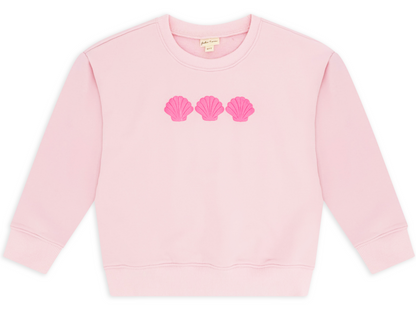 The Feather 4 Arrow Baby Girls’ and Girls’ Weekend Sweatshirt is a light pink French terry style featuring a trendy puff print of three pink shells across the chest.