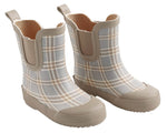 A pair of Quincy Mae children’s Rain Boots, designed in a gray and beige plaid pattern, featuring beige soles and trim, rubber lining, and comfortable stretch panels for easy on-and-off wear.