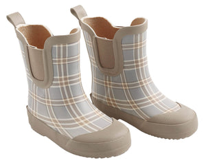 A pair of Quincy Mae children’s Rain Boots, designed in a gray and beige plaid pattern, featuring beige soles and trim, rubber lining, and comfortable stretch panels for easy on-and-off wear.