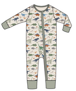The Angel Dear Baby 2-Way Zipper Romper is a long-sleeve sleeper made from soft bamboo fiber, featuring a green, brown, orange, and blue dinosaur print on a light background with grey cuffs.
