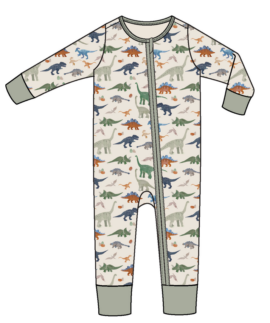 The Angel Dear Baby 2-Way Zipper Romper is a long-sleeve sleeper made from soft bamboo fiber, featuring a green, brown, orange, and blue dinosaur print on a light background with grey cuffs.