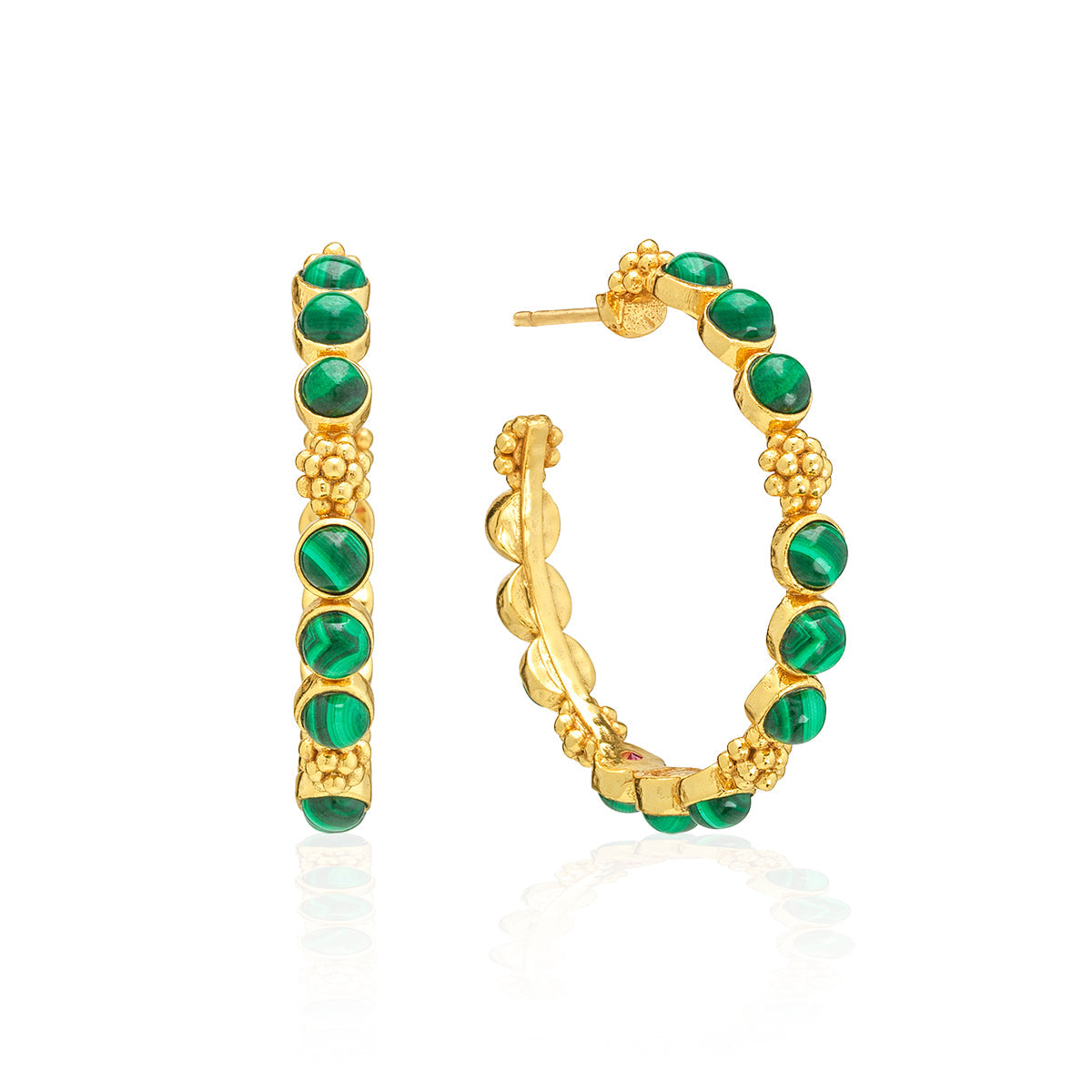 The Berry Gem Medium Hoop Earrings by Juliska Capucine De Wulf feature gold hoops with green gemstone accents and clustered gems, accented by delicate gold beads. Shown from front and side views on a white background.