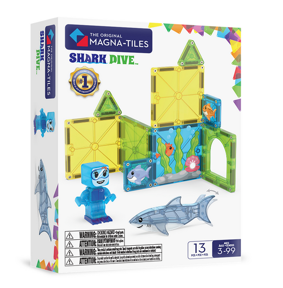 The Magnatiles Shark Dive 13-Piece Set is a magnetic building set box that features magnetic tiles, an underwater character, a shark figure, and themed pieces for immersive underwater play. Designed for ages 3-99, this set includes 13 pieces.