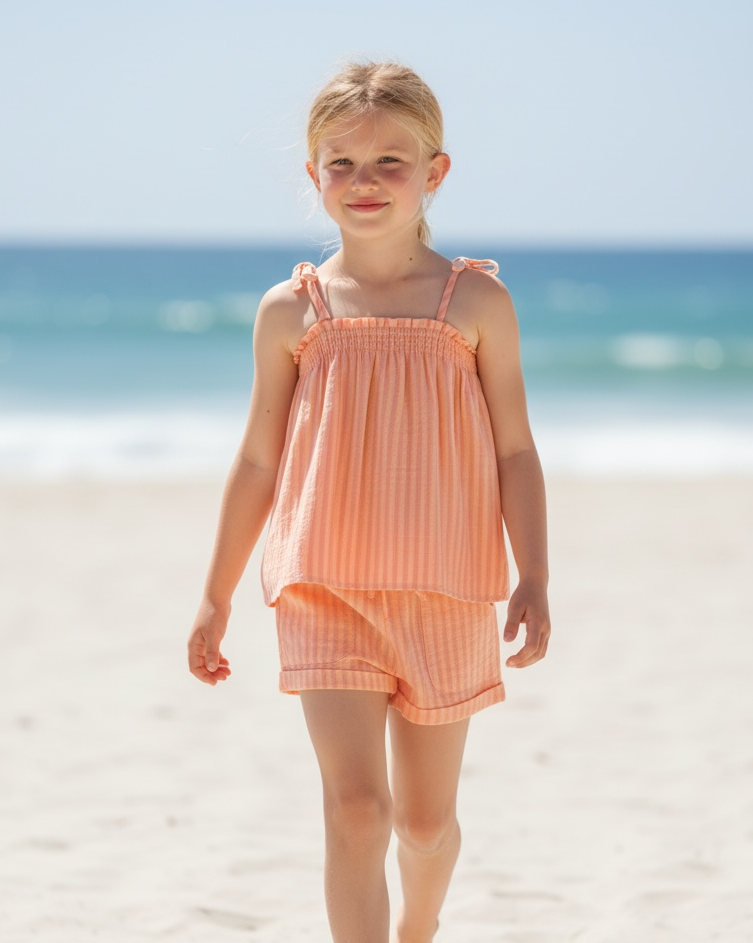 A young girl wearing Feather 4 Arrow’s Girls’ Salty Short with an elastic waistband and a peach-colored sleeveless top walks along a sandy beach with the ocean in the background.