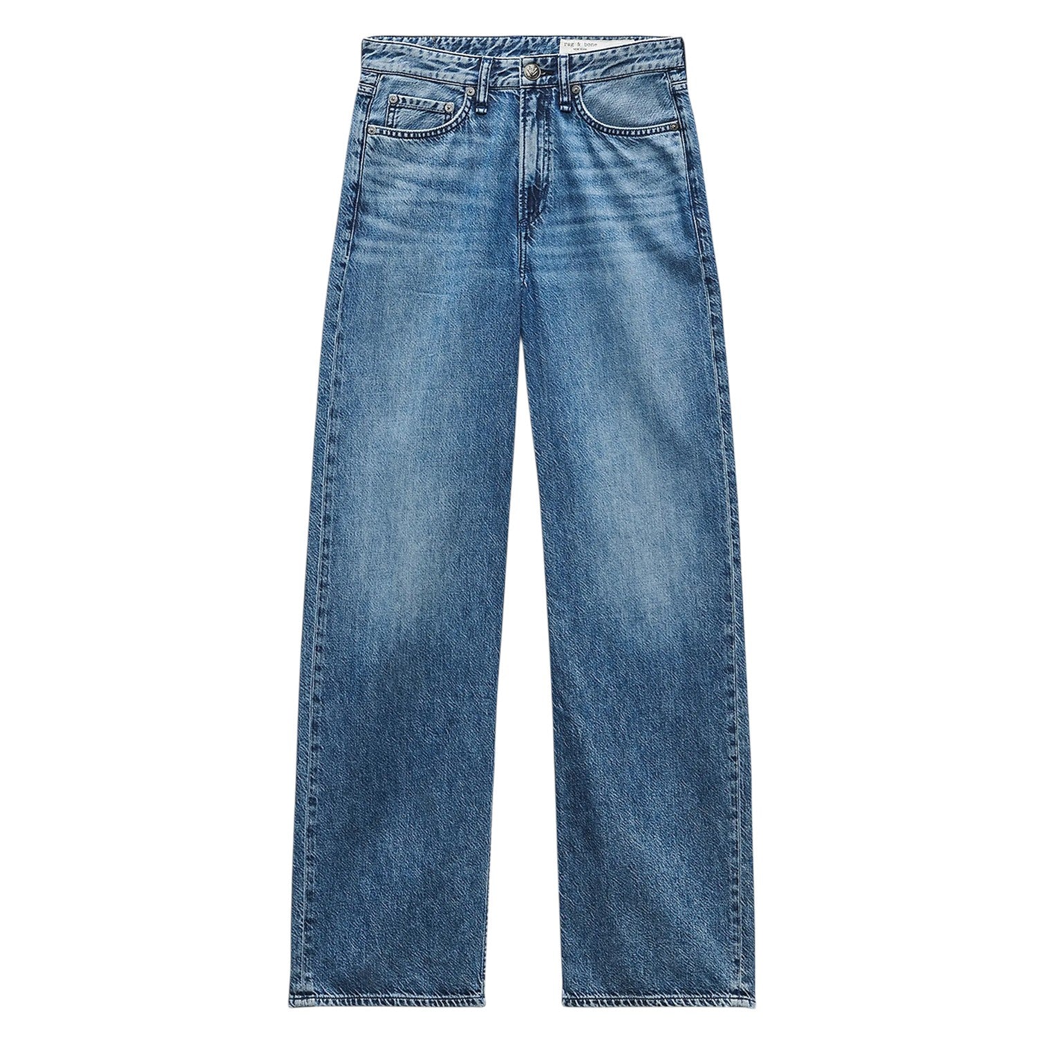 Rag & Bone Featherweight Logan high-rise blue jeans with a classic five-pocket design, displayed flat on a white background.