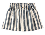 The Rylee & Cru Girls' Denim Mini Skirt features navy stripes, front pockets, an elastic waistband, and a center button.