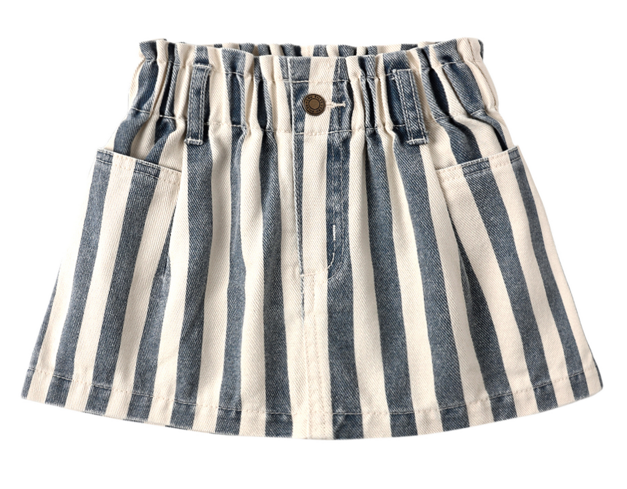 The Rylee & Cru Girls' Denim Mini Skirt features navy stripes, front pockets, an elastic waistband, and a center button.