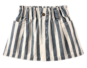 The Rylee & Cru Girls' Denim Mini Skirt features navy stripes, front pockets, an elastic waistband, and a center button.