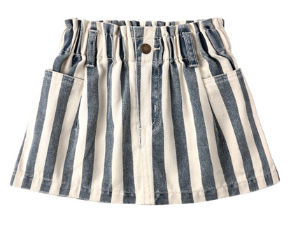 The Rylee & Cru Girls' Denim Mini Skirt features navy stripes, front pockets, an elastic waistband, and a center button.