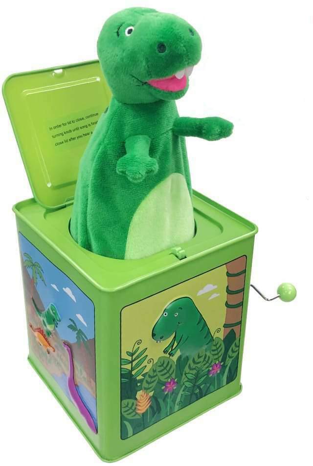 A green dinosaur puppet pops out of the Jack Rabbit Creations Jack-in-the-Box, which features original art and playful dinosaur illustrations on its colorful sides, making it a delightful addition to any plush character collection.