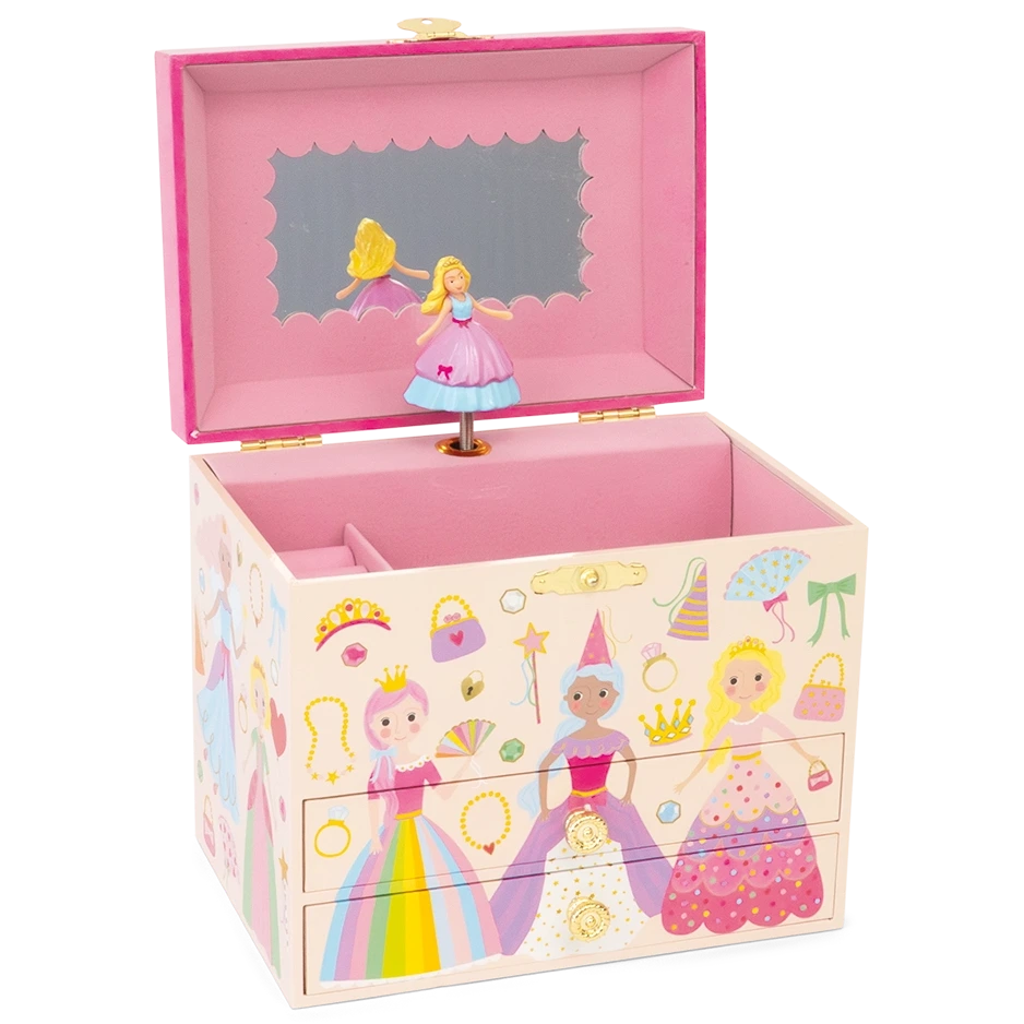 Introducing the Floss and Rock Musical Jewelry Box - Princess: A charming pink and cream jewelry box adorned with princesses and jewels. Open the box to find a mirror and a delightful spinning ballerina figurine inside. This beautiful jewellery box plays the enchanting “carousel waltz” melody as the ballerina dances.