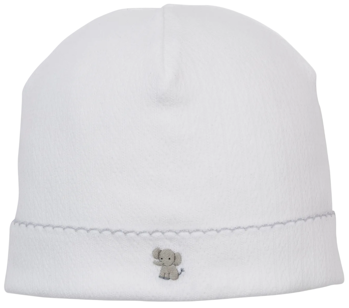 The Kissy Kissy Premier Noah’s Journey Hand Emb. Hat is crafted from ultra-soft Peruvian cotton and features a delicate hand-embroidered gray elephant near the bottom edge, finished with a simple scalloped trim.