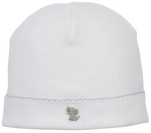 The Kissy Kissy Premier Noah’s Journey Hand Emb. Hat is crafted from ultra-soft Peruvian cotton and features a delicate hand-embroidered gray elephant near the bottom edge, finished with a simple scalloped trim.