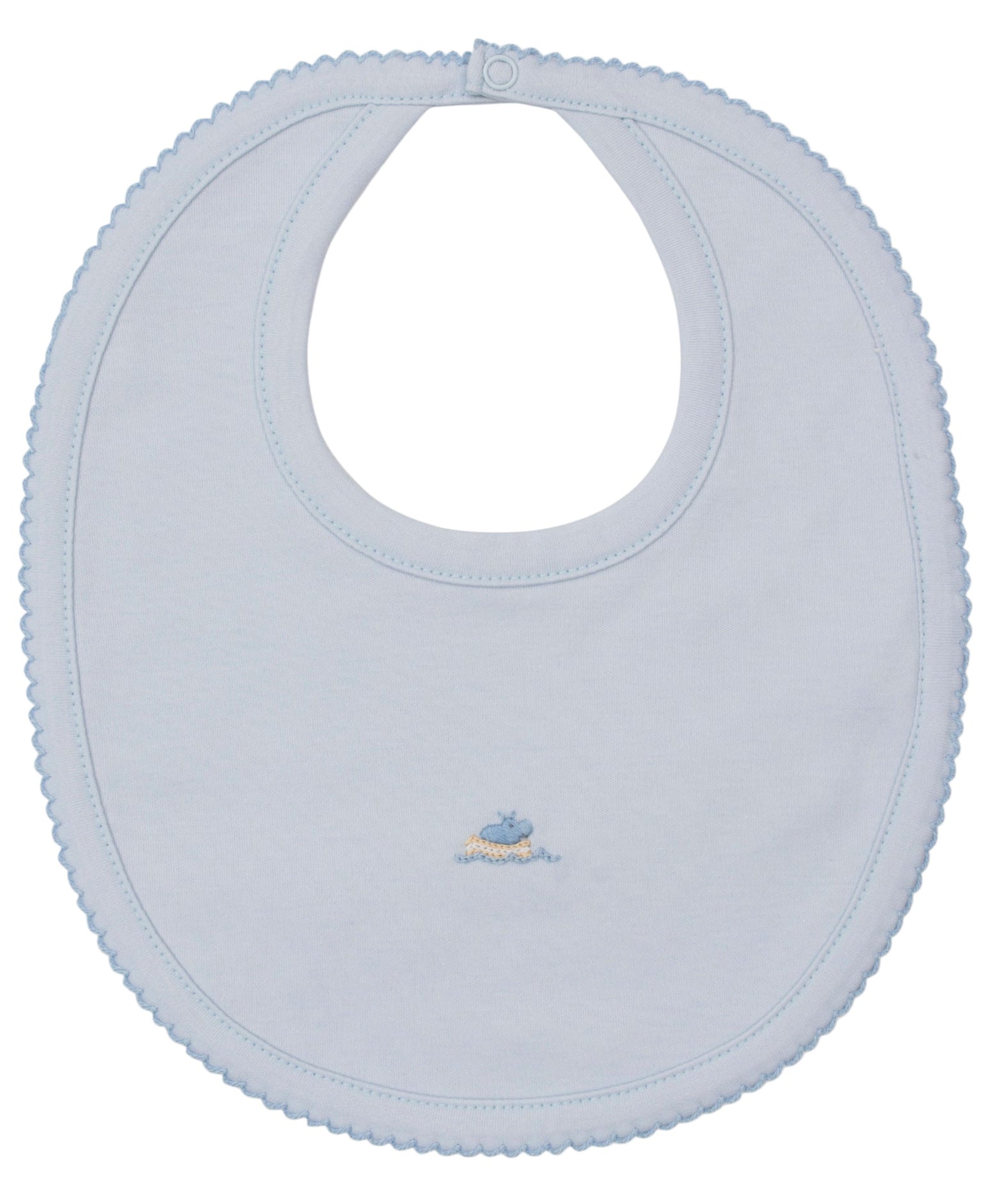 Kissy Kissy's Premier Noah's Ark Bib with Hand Emb. is a light blue Pima cotton bib featuring scalloped edges, a neck snap closure, and an embroidered whale and wave design at the center.