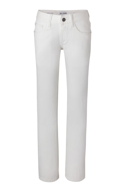 The DL1961 Boys' Brady Slim Jean features a tailored slim cut, five pockets, and a button closure in white denim, shown on a plain white background.