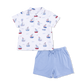Angel Dear Baby Boys’ and Boys’ Polo with Casual Short, featuring a white short-sleeve sailboat print polo shirt paired with light blue drawstring Organic Cotton Muslin shorts, laid flat on a white background.