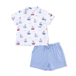 Angel Dear Baby Boys’ and Boys’ Polo with Casual Short, featuring a white short-sleeve sailboat print polo shirt paired with light blue drawstring Organic Cotton Muslin shorts, laid flat on a white background.