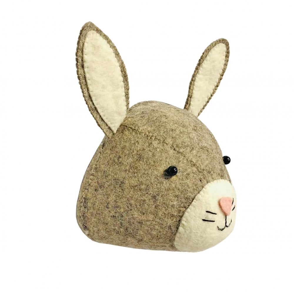 A Baby Bunny head made of wool felt, showcased against a white background.