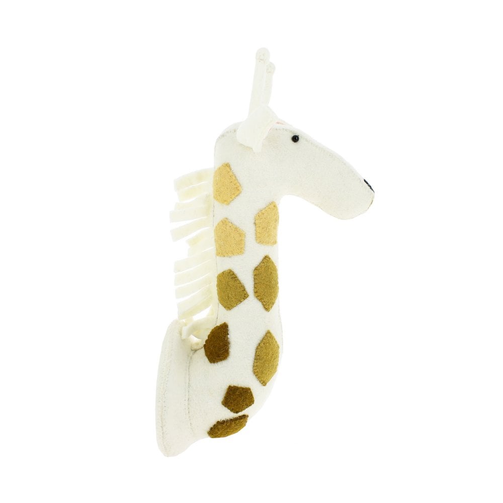 Introducing the Fiona Walker Giraffe Head Wall Decoration - Medium by Fiona Walker: a handcrafted stuffed giraffe head in white with charming brown spots. Made from organic wool, this piece features a simple, minimalist design and includes a loop for easy hanging.