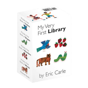 Penguin Random House's "My Very First Library" is a box set of four Eric Carle board books, filled with vibrant illustrations and perfect for introducing young children to animals, fruits, and shapes. Ideal as a gift for early learners.
