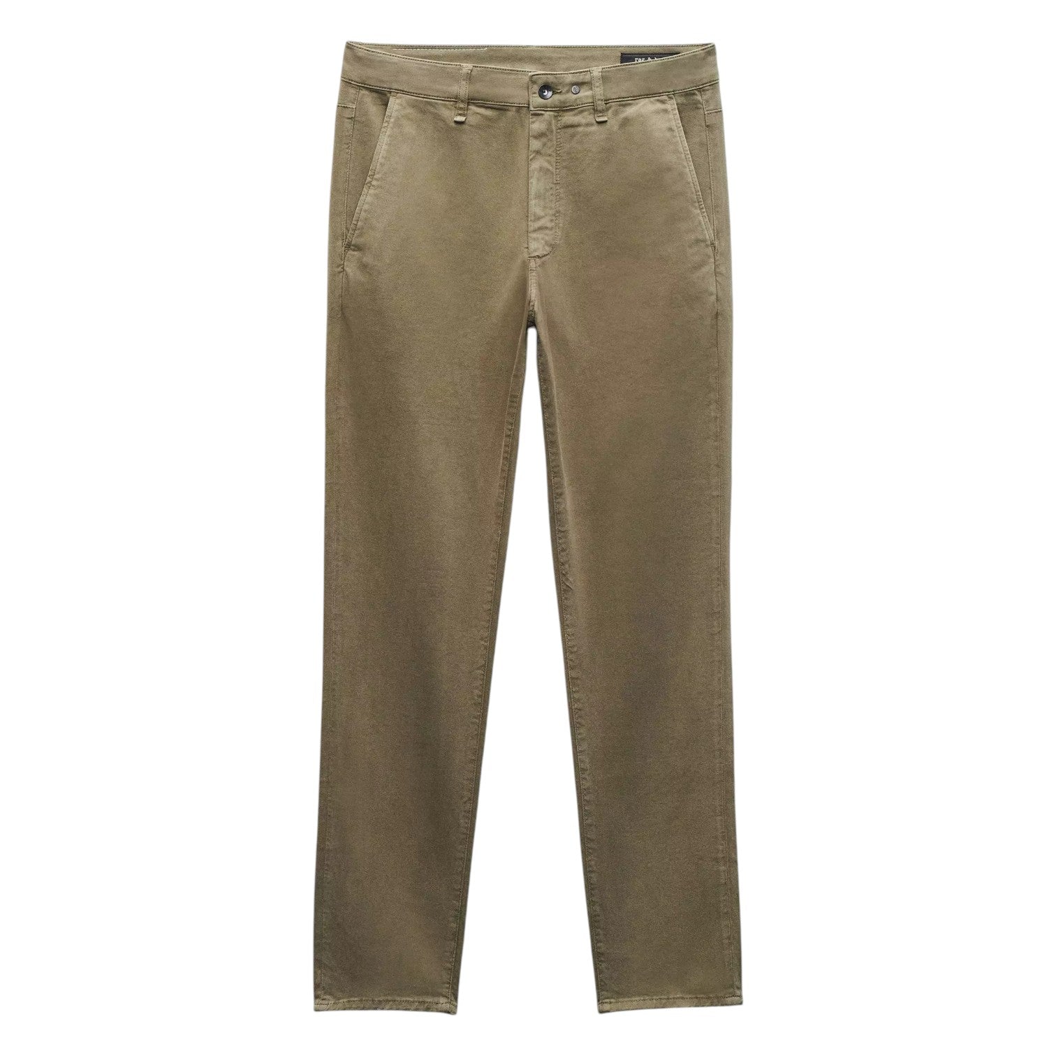 The Rag & Bone Fit 2 Stretch Twill Chino in khaki features a slim fit, cotton twill fabric, side pockets, and button closure, shown laid flat on a white background.
