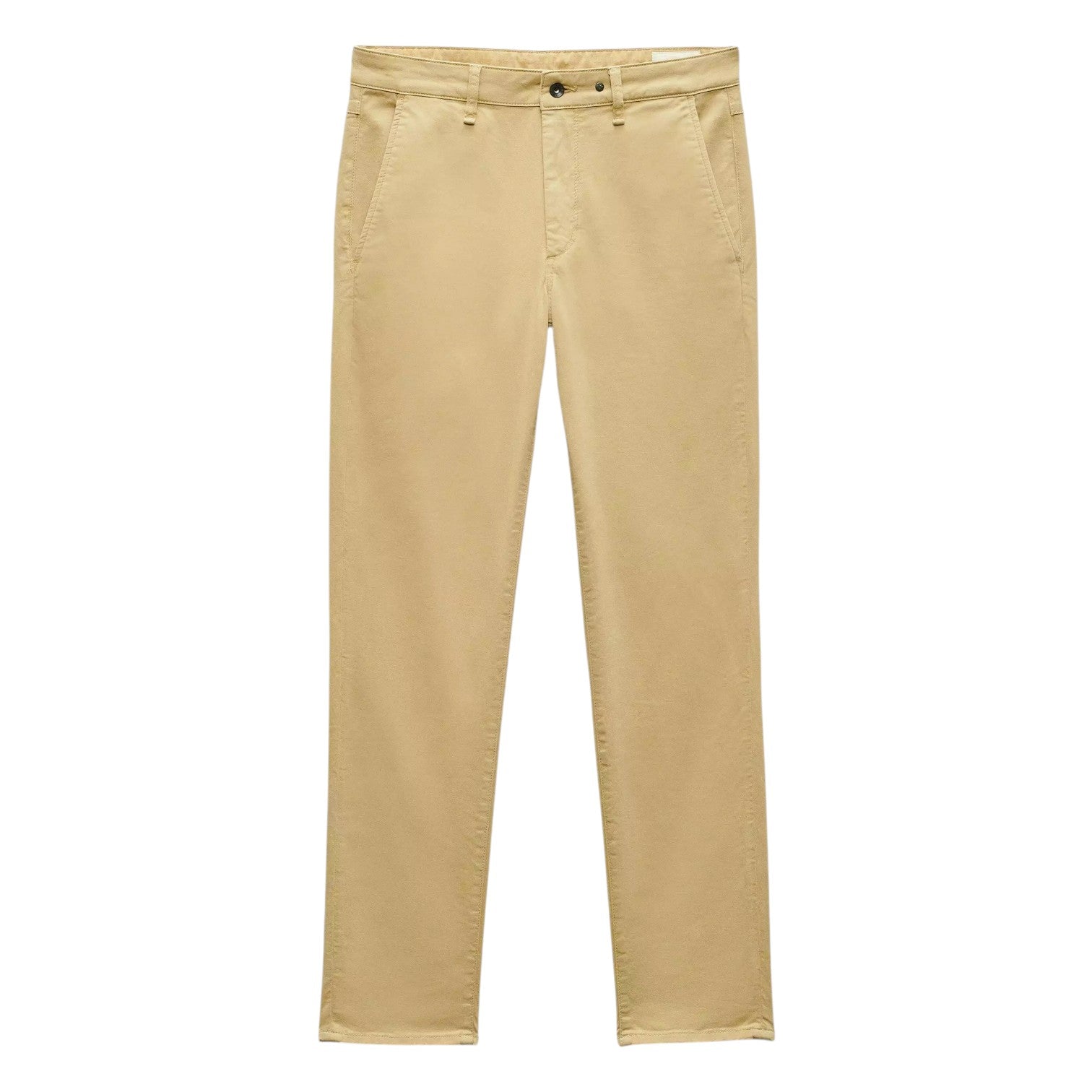 The Rag & Bone Fit 2 Stretch Twill Chino features beige cotton twill, belt loops, front pockets, and a button closure, shown laid flat on a white background.