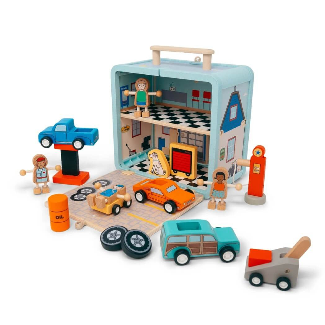 Jack Rabbit Creations Suitcase Series toy car repair shop, contained in an eco-friendly bamboo suitcase with toy cars, people figurines, and accessories.