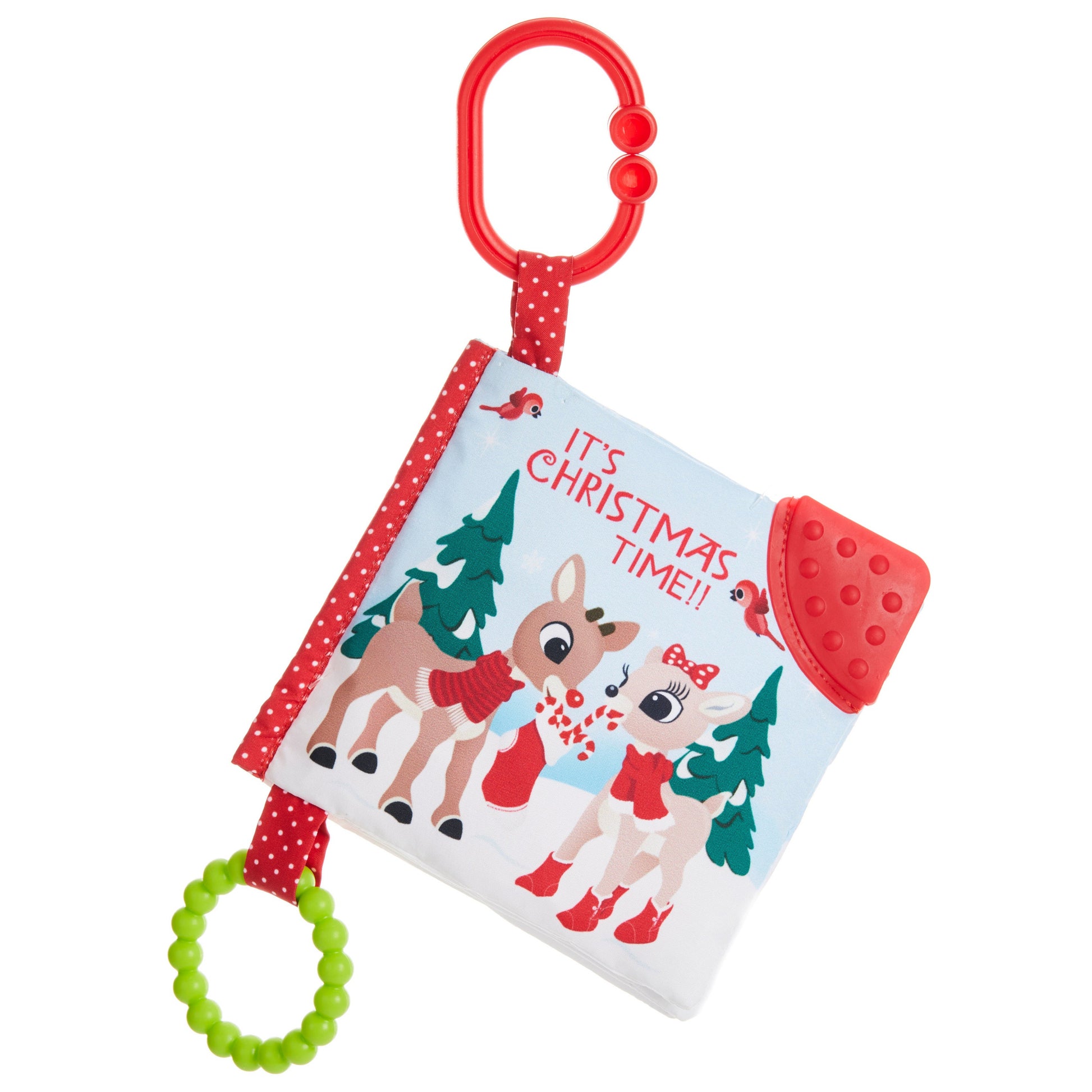 The Kids Preferred Rudolph Soft Book features two reindeer, Christmas trees, red and green teething rings, and “It’s Christmas Time!!” on the cover—a festive sensory toy perfect for baby holiday fun.
