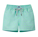 Love Brand's Staniel Swim Trunks for boys feature a green and purple pattern, crafted from recycled polyester with quick-dry technology, an elastic waistband, and a drawstring bow tie.