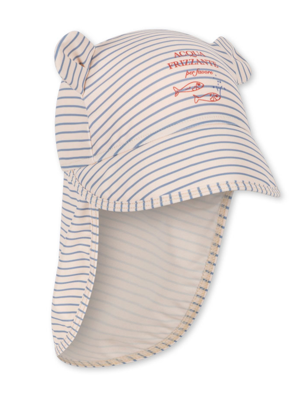 The Konges Slojd Baby Aster Bear Sun Hat features blue and white stripes, playful bear ear details, and a long neck flap for enhanced sun protection. Adorned with a red fish graphic and text on the front, this hat offers UPF 50+ to help keep your little one safe in the sun.