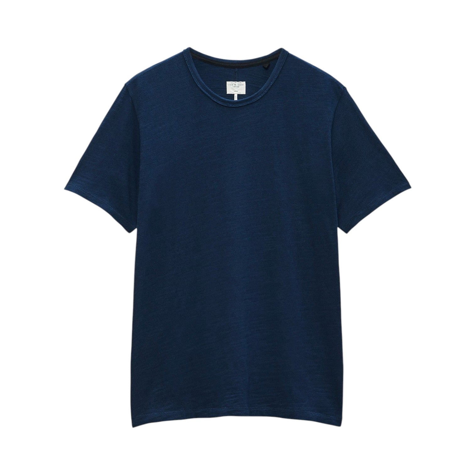 The Rag & Bone Classic Flame Tee, a short-sleeve T-shirt made from durable Peruvian cotton in plain navy blue, is displayed on a white background.