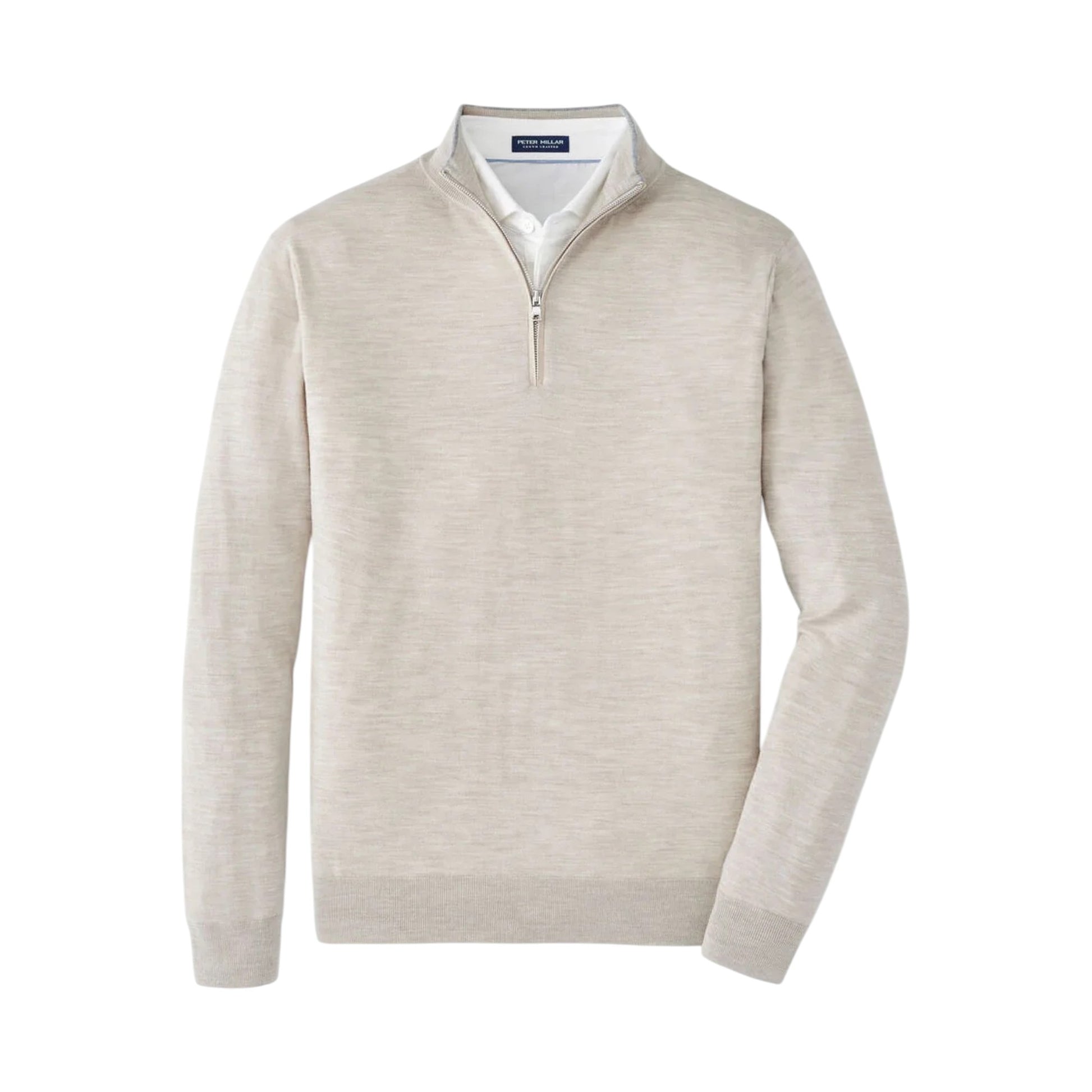The Peter Millar Excursionist Flex Quarter-Zip Sweater in light beige Merino wool for men is shown layered over a white dress shirt, set against a plain white background.