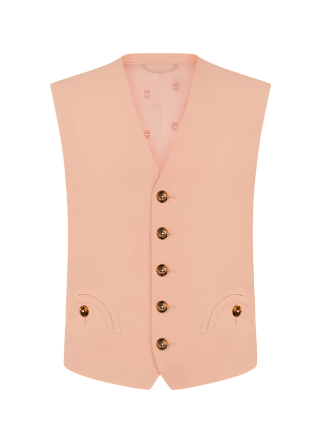 The Flica Feral Gilet by Blaze Milano is a peach sleeveless vest in a luxurious silk-linen blend, featuring a V-neck, five brown buttons, and two front pockets against a white background. Perfect for achieving a minimalist look and an ideal layering piece for spring or summer.