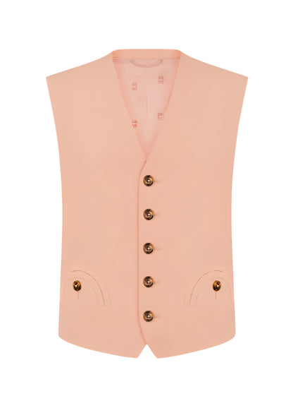 The Flica Feral Gilet by Blaze Milano is a peach sleeveless vest in a luxurious silk-linen blend, featuring a V-neck, five brown buttons, and two front pockets against a white background. Perfect for achieving a minimalist look and an ideal layering piece for spring or summer.