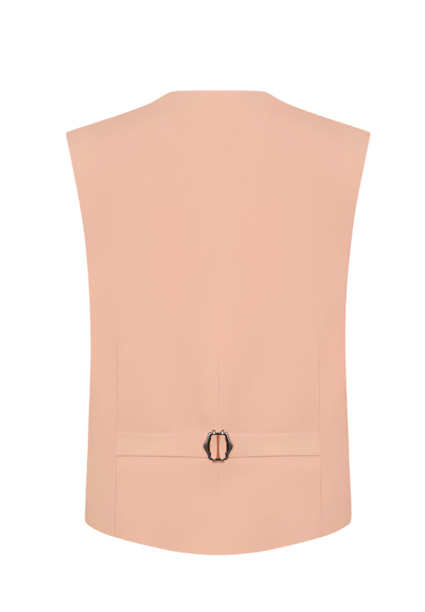 The Flica Feral Gilet by Blaze Milano showcases a back view in a peach silk-linen blend with a waist buckle detail, ideal for spring-summer layering.