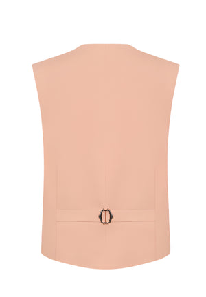The Flica Feral Gilet by Blaze Milano showcases a back view in a peach silk-linen blend with a waist buckle detail, ideal for spring-summer layering.