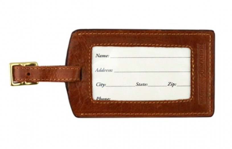 A Smathers & Branson Beer Flight luggage tag with a blank information card, featuring fields for name, address, city, state, zip, and phone number. This tag is crafted from durable Italian leather.