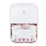 The Pink Chicken Nesting Box Baby Take Home Set features folded pink and white organic pima cotton newborn clothing in a white gift box with a chicken pattern and includes "The Welcoming Box" card—perfect for bringing baby home in comfort and style.