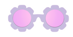 A pair of Babiators polarized flower-shaped sunglasses with pink lenses and UV protection.