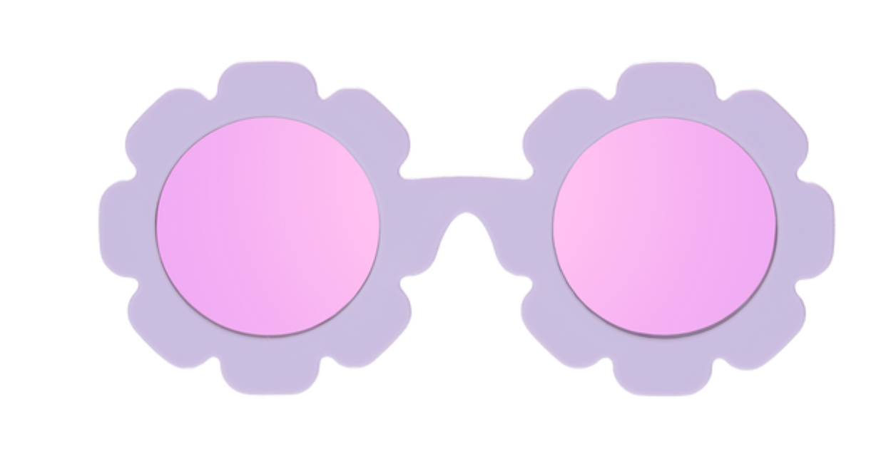 A pair of Babiators polarized flower-shaped sunglasses with pink lenses and UV protection.